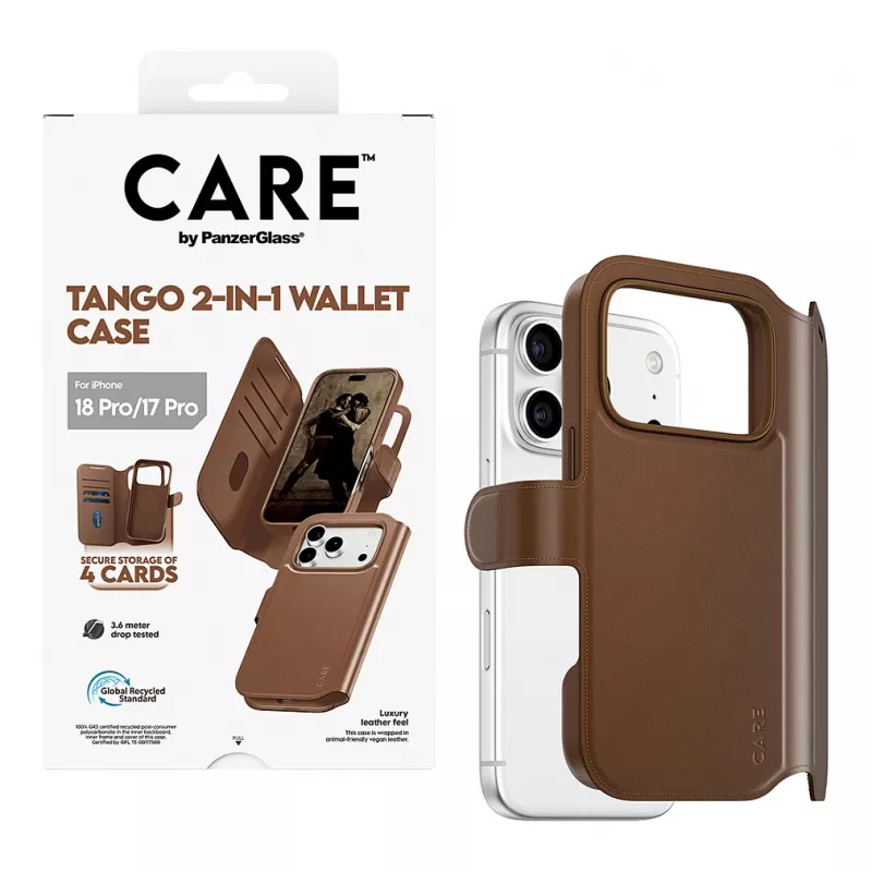 CARE by PanzerGlass Tango 2-in-1 Wallet Case Brown with MagSafe for iPhone 17 Pro