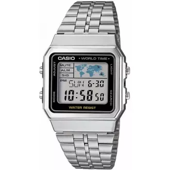 Casio A500WA-1DF Classic Digital Quartz Wrist Watch – Silver Stainless Steel Band, LED Backlight, World Time