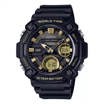 CASIO AEQ-120W-9A Men's Analog-Digital Watch, 53.3mm, Black Resin Case, Black Resin Band, Gold Accents
