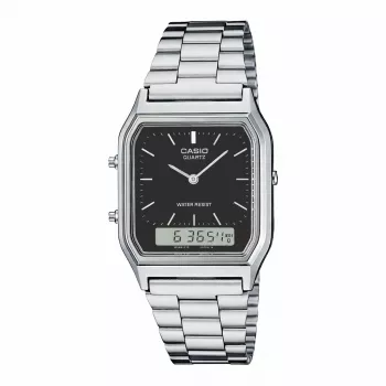 CASIO AQ-230A-1D Unisex Analog-Digital Watch, 38.8mm, Silver-tone Stainless Steel Band, Black Dial