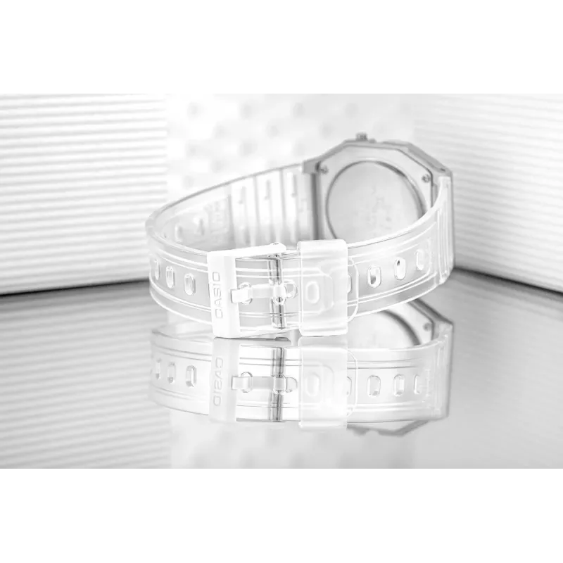 Casio F-91WS-7DF Digital Watch – Transparent White Resin Case, Unisex, Quartz, LED Backlight, Water Resistant 3 ATM