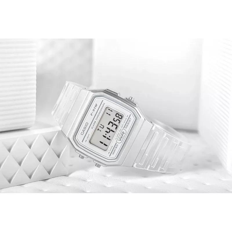 Casio F-91WS-7DF Digital Watch – Transparent White Resin Case, Unisex, Quartz, LED Backlight, Water Resistant 3 ATM