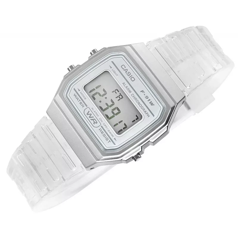 Casio F-91WS-7DF Digital Watch – Transparent White Resin Case, Unisex, Quartz, LED Backlight, Water Resistant 3 ATM
