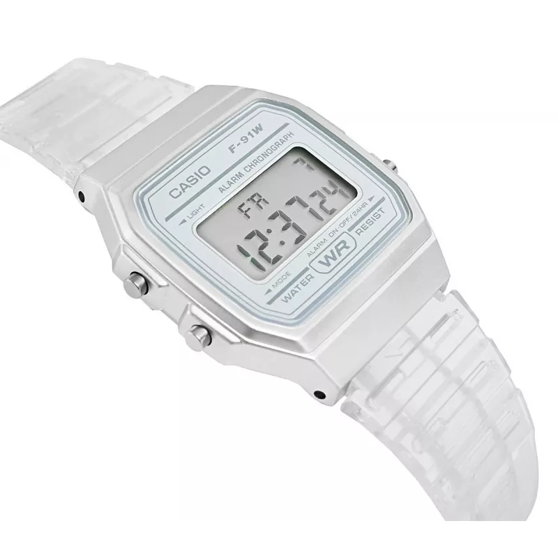 Casio F-91WS-7DF Digital Watch – Transparent White Resin Case, Unisex, Quartz, LED Backlight, Water Resistant 3 ATM