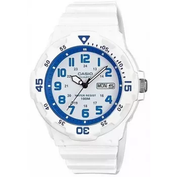 CASIO MRW200HC7B2VD Men's Analog Quartz Watch with Day-Date Display, 100m Water Resistance, Resin Band, White Dial, Blue/Red Bezel
