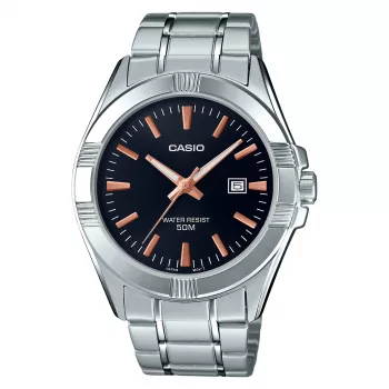 CASIO MTP-1308D-1A2 Men's Analog Quartz Watch, 48.9mm, Black Dial, Silver Stainless Steel Band