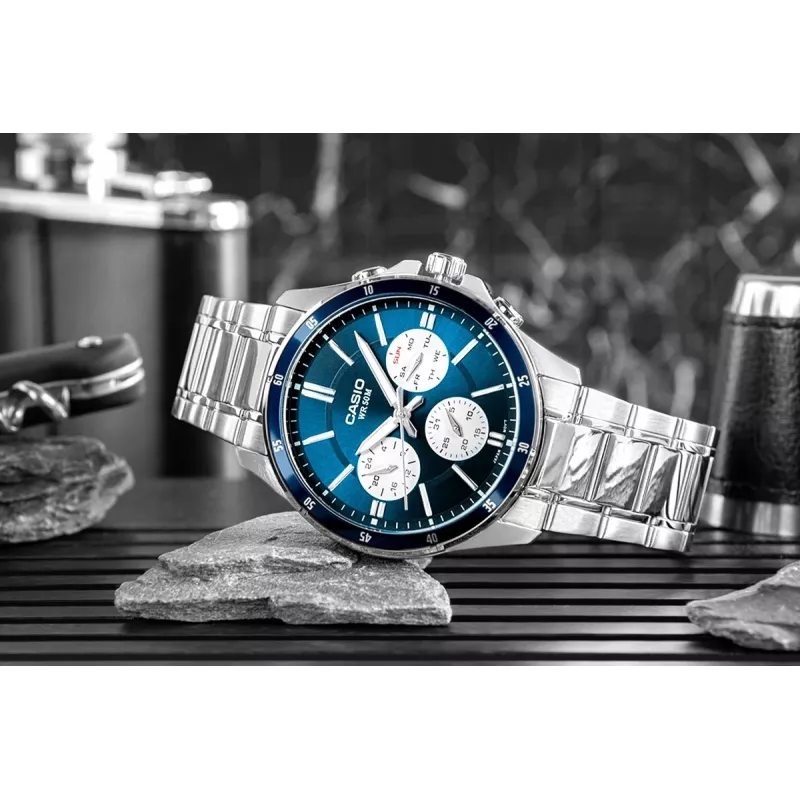 Casio MTP-1374D-2A3 Men's Analog Quartz Watch with Stainless Steel Band, Blue Dial, Day-Date, 50m Water Resistance