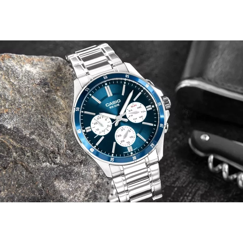Casio MTP-1374D-2A3 Men's Analog Quartz Watch with Stainless Steel Band, Blue Dial, Day-Date, 50m Water Resistance