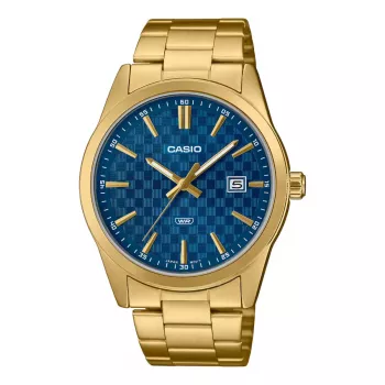 CASIO MTPVD03G2AUDF Men's Analog Quartz Watch, 45mm Stainless Steel Case, Blue Dial, Gold-tone Bracelet, 50m Water Resistance