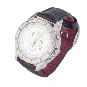 CHRONOTECH MAN CT7636M-02 50mm Quartz Chronograph Watch Black Dial Leather Strap