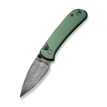 CIVIVI Qubit Damascus Aluminum Green Folding Knife, Wharncliffe Blade, Button Lock, 2.98 inch Damascus Steel, Green Aluminum Handle, EDC Pocket Knife by Justin Lundquist