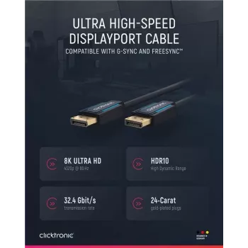 ClickTronic 40994 DisplayPort Cable 2 m Black - 4K Ultra HD, Gold-Plated Connectors, Triple Shielding