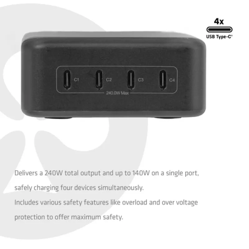 CLUB 3D CAC-1933 4-Port USB-C Charging Station 240W GaN PD 3.1 PPS LED Display
