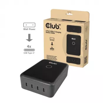CLUB 3D CAC-1933 4-Port USB-C Charging Station 240W GaN PD 3.1 PPS LED Display