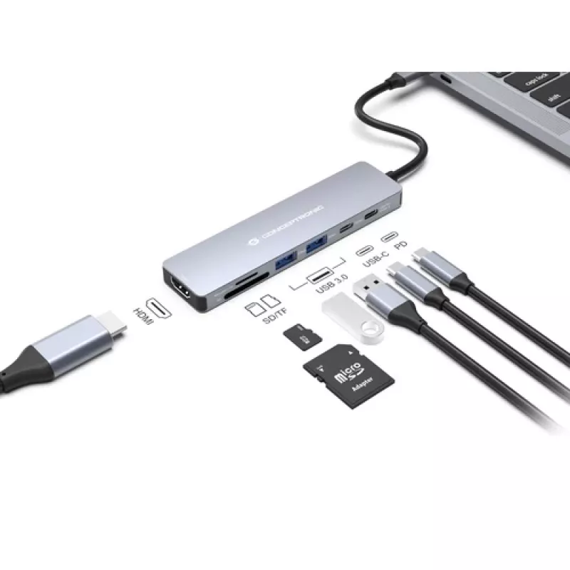 CONCEPTRONIC 7-in-1 USB-C Docking Station with HDMI 4K, 100W PD, 2x USB-A, SD & MicroSD Card Readers, 25 cm Cable, Space Grey