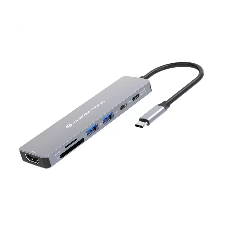 CONCEPTRONIC 7-in-1 USB-C Docking Station with HDMI 4K, 100W PD, 2x USB-A, SD & MicroSD Card Readers, 25 cm Cable, Space Grey