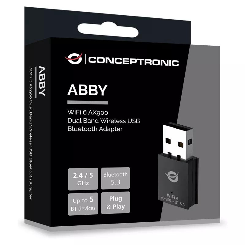 Conceptronic ABBY26B WiFi 6 AX900 Dual Band USB & Bluetooth 5.3 Adapter