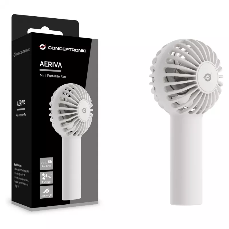 CONCEPTRONIC AERIVA01W Mini Portable Fan White – Rechargeable, 3 Speeds, USB-C