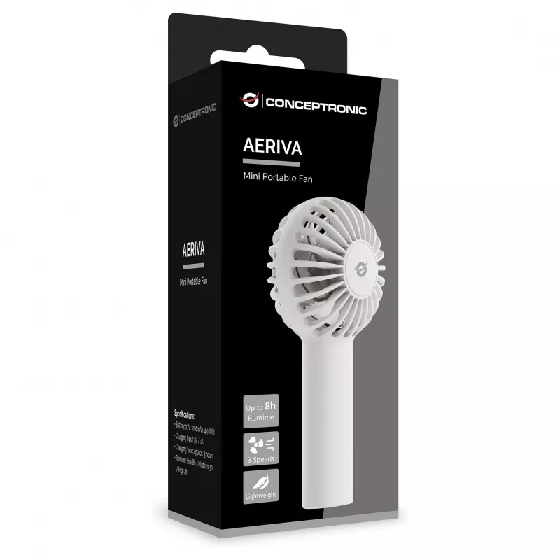 CONCEPTRONIC AERIVA01W Mini Portable Fan White – Rechargeable, 3 Speeds, USB-C