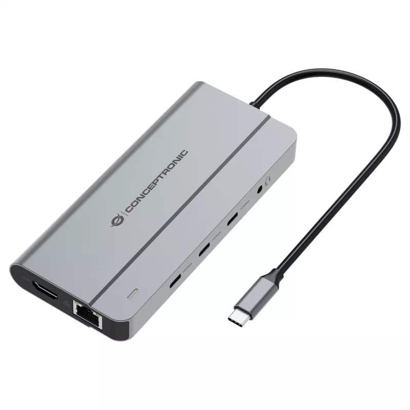 Conceptronic DONN34G 10-in-1 USB 3.2 Gen 2 MST Docking Station, 4K60Hz HDMI, 8K30Hz DisplayPort, GbE, USB-C 10Gbps x 3, USB-A 480Mbps x 2, Audio, 100W USB PD
