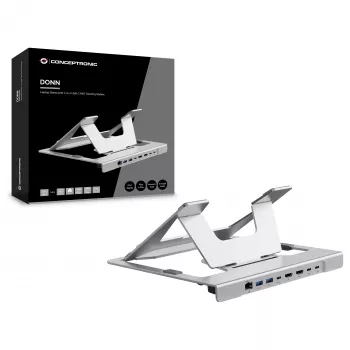 Conceptronic DONN35S Laptop Stand with 7-in-1 USB-C Docking Station, Dual HDMI 4K60Hz, GbE, USB-C 5Gbps, 2x USB-A, 100W PD, Silver
