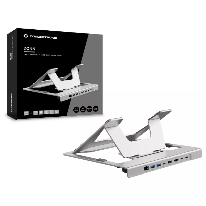 Conceptronic DONN35S Laptop Stand with 7-in-1 USB-C Docking Station, Dual HDMI 4K60Hz, GbE, USB-C 5Gbps, 2x USB-A, 100W PD, Silver