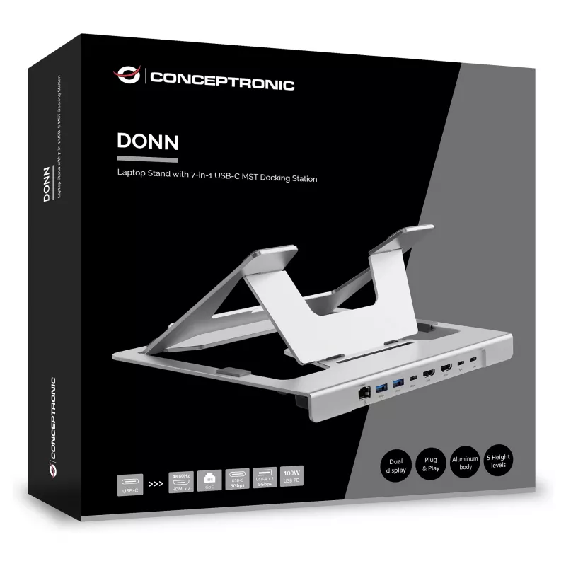 Conceptronic DONN35S Laptop Stand with 7-in-1 USB-C Docking Station, Dual HDMI 4K60Hz, GbE, USB-C 5Gbps, 2x USB-A, 100W PD, Silver