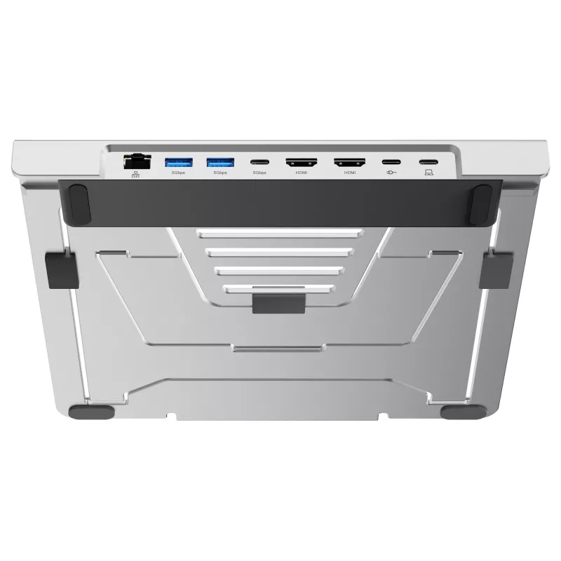 Conceptronic DONN35S Laptop Stand with 7-in-1 USB-C Docking Station, Dual HDMI 4K60Hz, GbE, USB-C 5Gbps, 2x USB-A, 100W PD, Silver