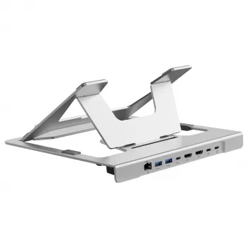 Conceptronic DONN35S Laptop Stand with 7-in-1 USB-C Docking Station, Dual HDMI 4K60Hz, GbE, USB-C 5Gbps, 2x USB-A, 100W PD, Silver