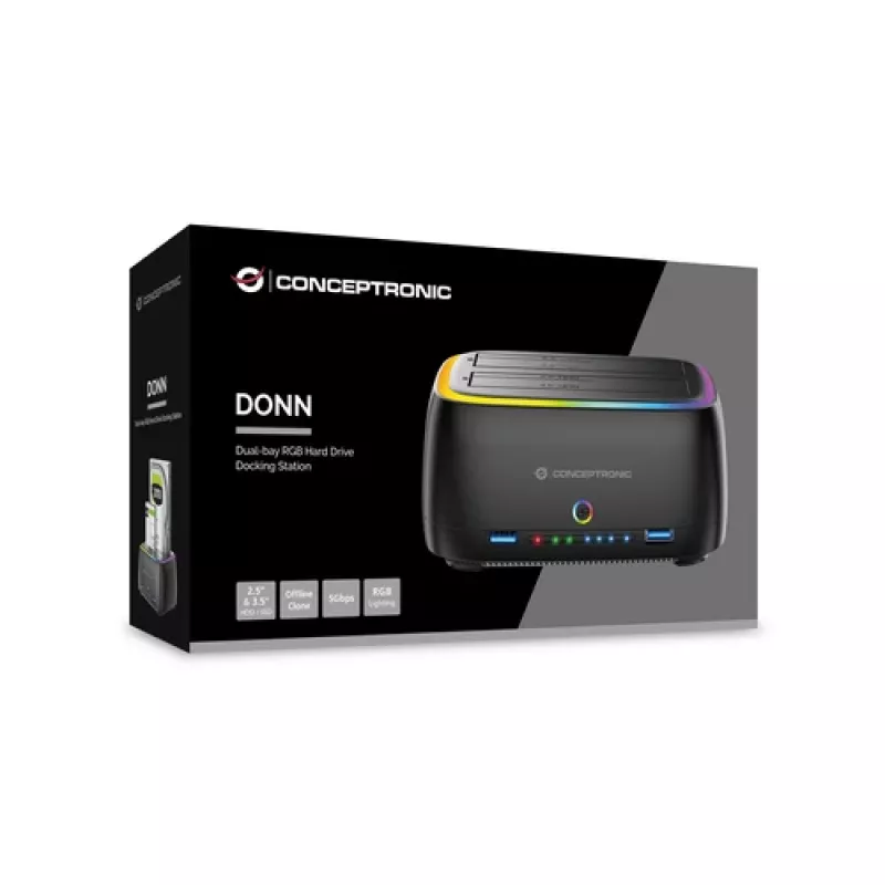 Conceptronic DONN36B 2-Bay SATA HDD/SSD Docking Station, USB 3.0, 2x USB-A, Black