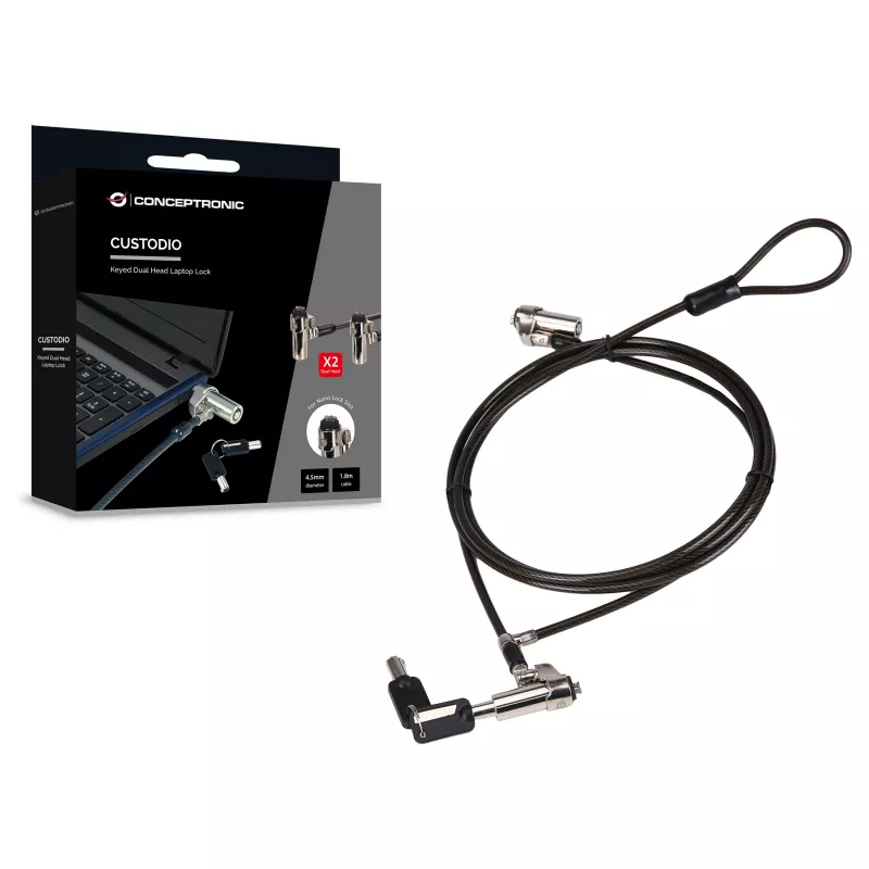 Conceptronic NBT Nano-Lock Dual Laptop Combination Lock, 4-Digit, 1.8m Steel Cable, Black/Silver