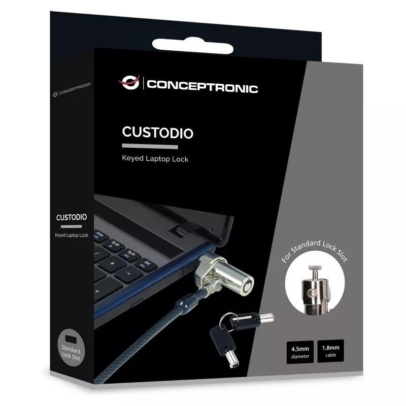 Conceptronic NBT Notebook Key Lock Standard 1.80m – Braided Steel Cable with Zinc Alloy Lock Head, Kensington T-Bar, 2 Keys, Silver/Black