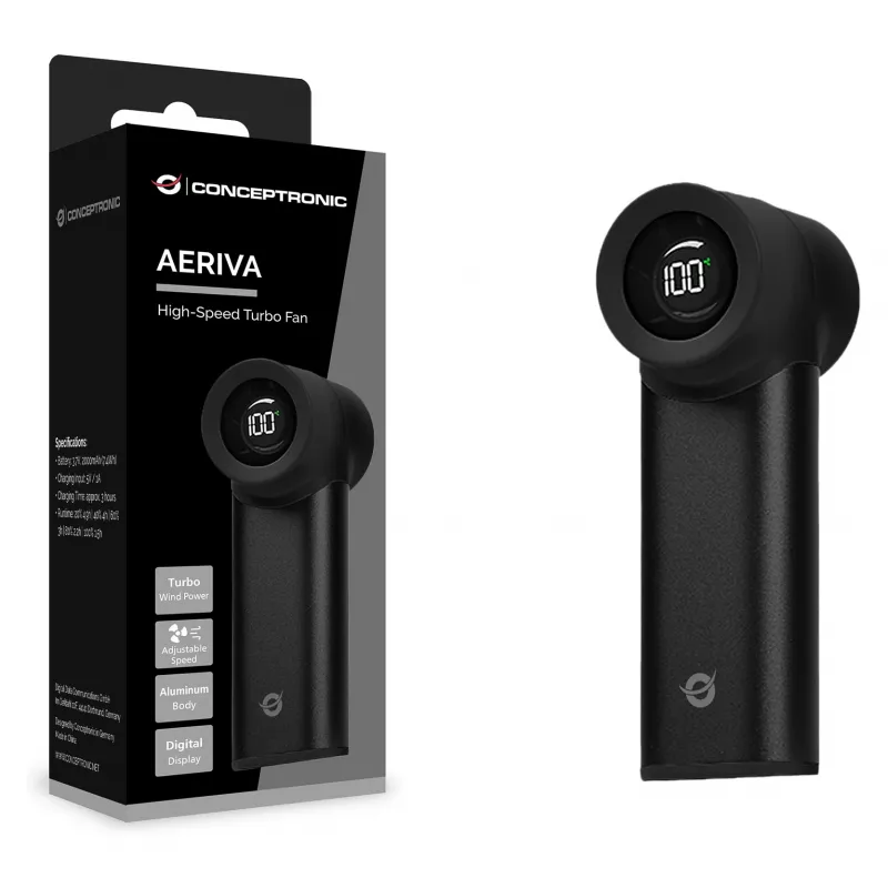 CONCEPTRONIC Turbo Handheld Fan Black USB-C to USB-A Aluminium 5V 3-Speed Rechargeable 2000mAh