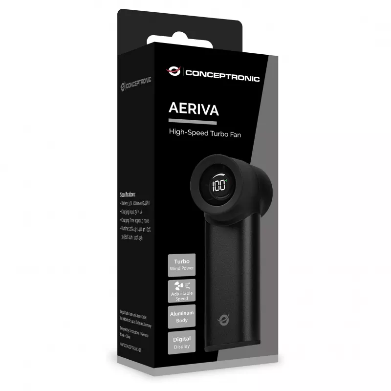 CONCEPTRONIC Turbo Handheld Fan Black USB-C to USB-A Aluminium 5V 3-Speed Rechargeable 2000mAh