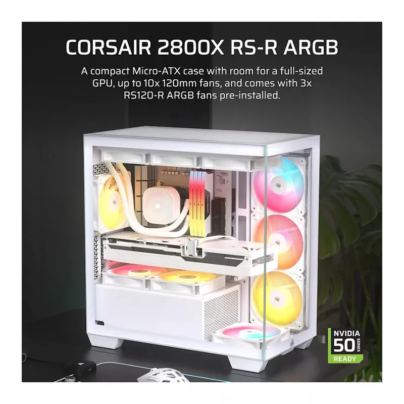 CORSAIR 2800X RS-R ARGB Micro-ATX Dual Chamber Cube Case, White, with Panoramic Tempered Glass and 2x LL120 RGB Fans