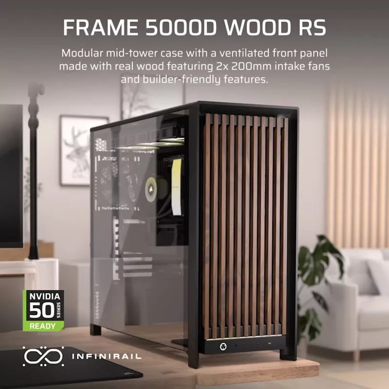 Corsair FRAME 5000D WOOD RS Mid-Tower PC Case, Black/Walnut, E-ATX, ATX, Micro-ATX, Mini-ITX, Steel/Tempered Glass/Plastic/Walnut Wood, Gaming