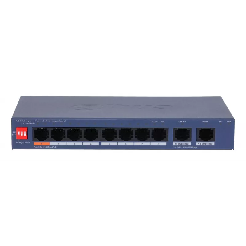 DAHUA CS4010-8ET2GT-110 10-Port Gigabit Ethernet Switch with 8 Fast Ethernet Ports and 2 Gigabit Uplinks, Fanless Desktop Design