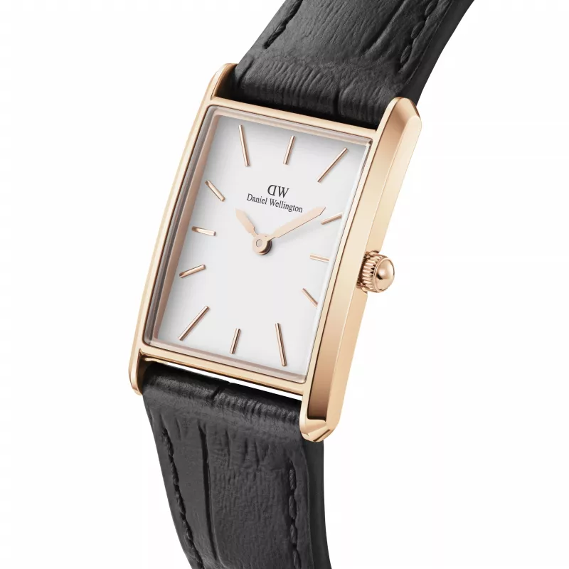 DANIEL WELLINGTON Quadro Women's Watch 32mm Rose Gold Stainless Steel Eggshell White Dial Black Leather Strap DW00100693