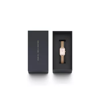 DANIEL WELLINGTON Quadro Women's Watch DW00100669 - 20mm Rose Gold Case, Black Leather Strap