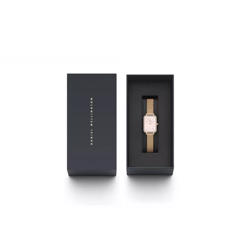 DANIEL WELLINGTON Quadro Women's Watch DW00100669 - 20mm Rose Gold Case, Black Leather Strap