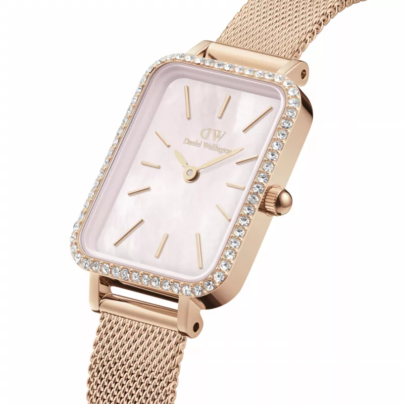 DANIEL WELLINGTON Quadro Women's Watch DW00100669 - 20mm Rose Gold Case, Black Leather Strap
