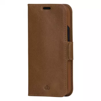DBRAMANTE 1928 Copenhagen Slim Flip Case for Apple iPhone 13 Pro Max, Full-Grain Grained Leather, Light Brown, Magnetic Closure, 3 Card Slots, Stand Feature, Wireless Charging Support