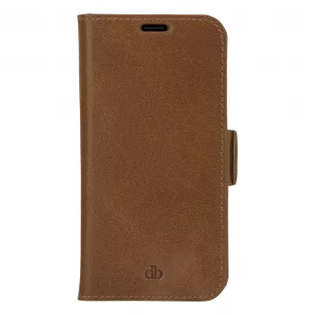 DBRAMANTE 1928 Copenhagen Slim Flip Case for Apple iPhone 13 Pro Max, Full-Grain Grained Leather, Light Brown, Magnetic Closure, 3 Card Slots, Stand Feature, Wireless Charging Support
