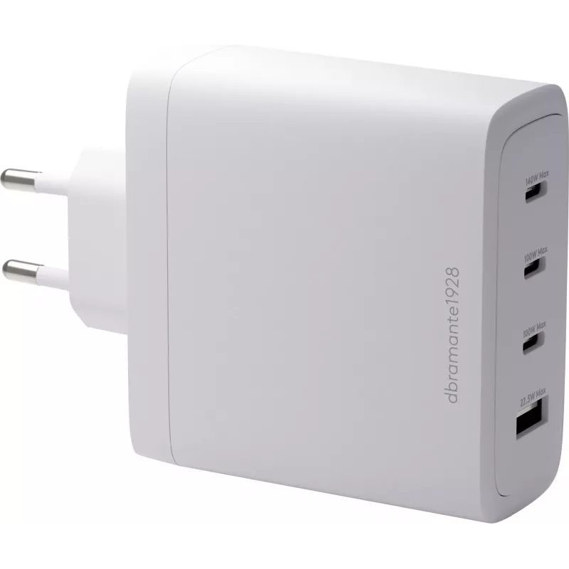 DBRAMANTE1928 Re-Charge GaN Wall Charger 140W – 4 Output Ports (3x USB-C, 1x USB-A) – White