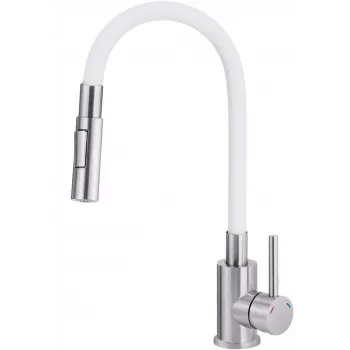 DEANTE Kitchen Faucet with Bent Spout - 2 Types of Spray, Chrome, Single-Lever Mixer, Pull-Out Swivel, Brass
