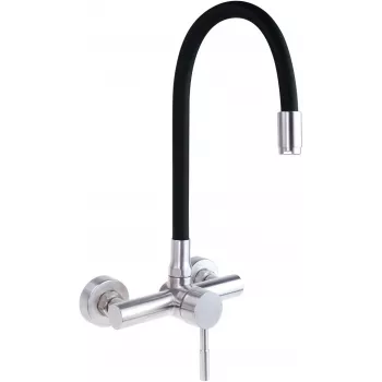 DEANTE Wall-Mounted Kitchen Faucet with Bent Spout, Chrome, Single-Lever Mixer, Brass, 220 mm Reach