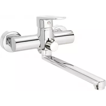 DEANTE Wall-Mounted Washbasin and Bath Mixer with Extended Spout - Hose Connection, Chrome, Arnika Series