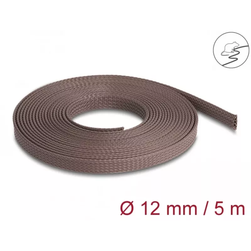 Delock Cable Management Sleeve, 12 mm, Braided, Rodent Resistant, Stretchable, 5 m, Brown