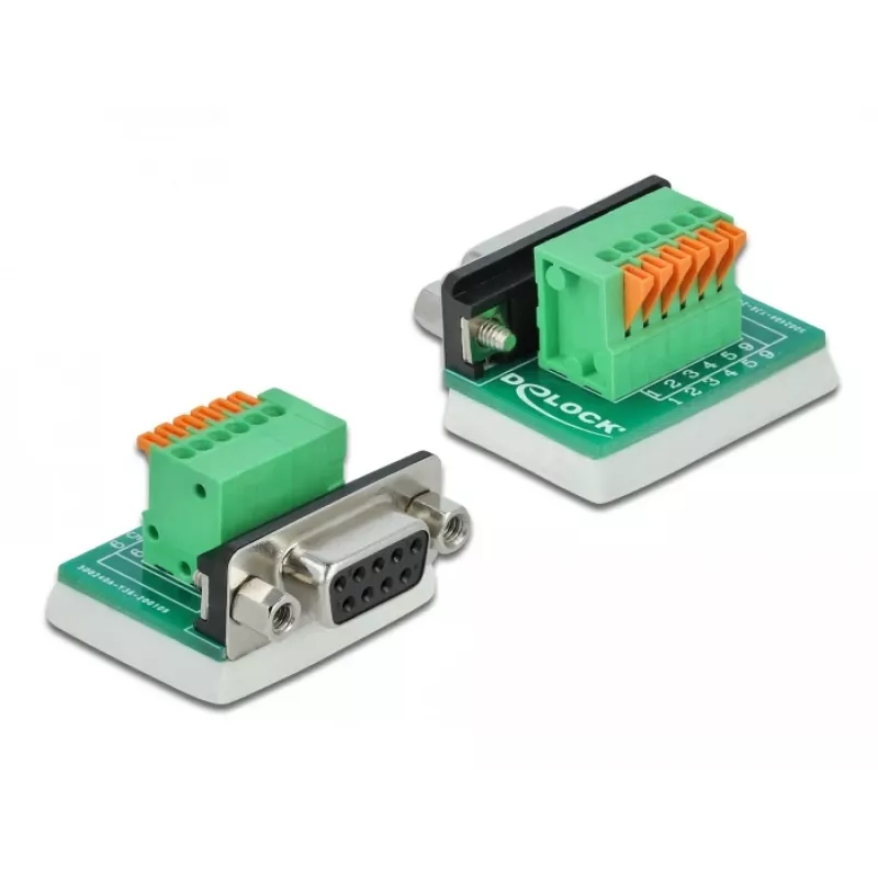 Delock D-Sub 9 Female to 6-Pin Terminal Block Adapter with Thumbscrews and Push Button 66556