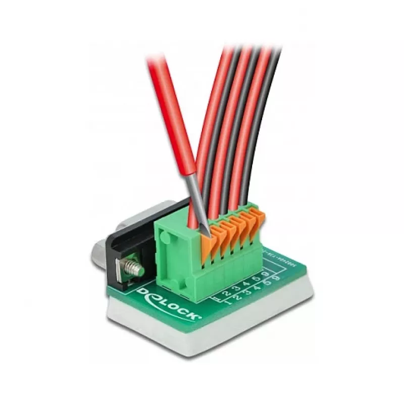 Delock D-Sub 9 Female to 6-Pin Terminal Block Adapter with Thumbscrews and Push Button 66556